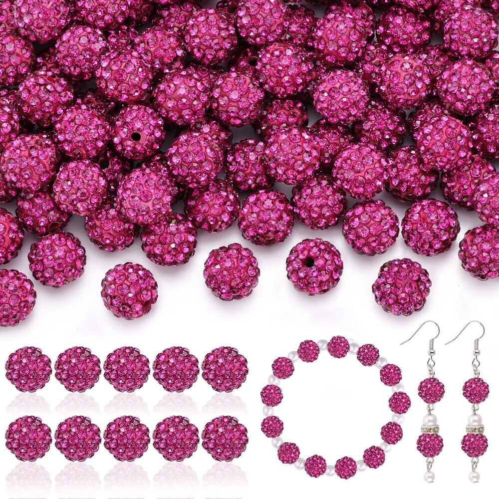 1098 160pcs 10mm Rhinestone Beads for Jewelry Making, Fuchsia Shiny Round